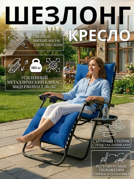 HomZon Кресло шезлонг с матрасом, кушетка, лежак уличный, синий