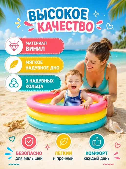 Детский мини бассейн для дачи и пляжа с мягким дном 61см, голубой, фото 2