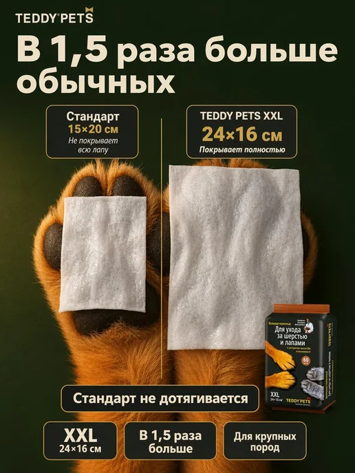 Teddy pets Влажные полотенца для шерсти и лап кошек и собак 60 шт, 60 шт, фото 2