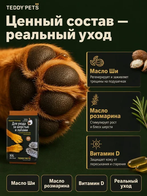 Teddy pets Влажные полотенца для шерсти и лап кошек и собак 60 шт, 60 шт, фото 3