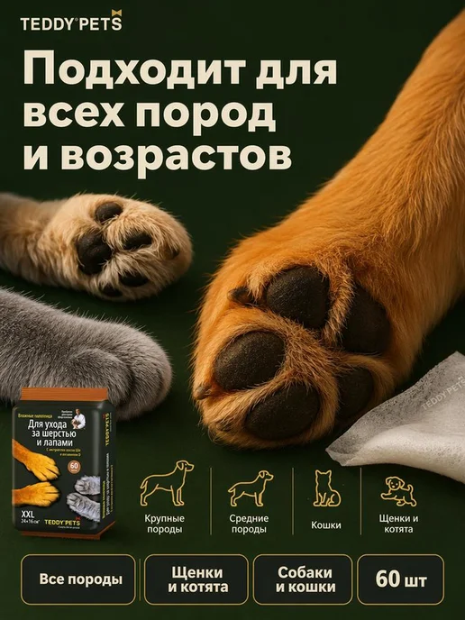 Teddy pets Влажные полотенца для шерсти и лап кошек и собак 60 шт, 60 шт, фото 6