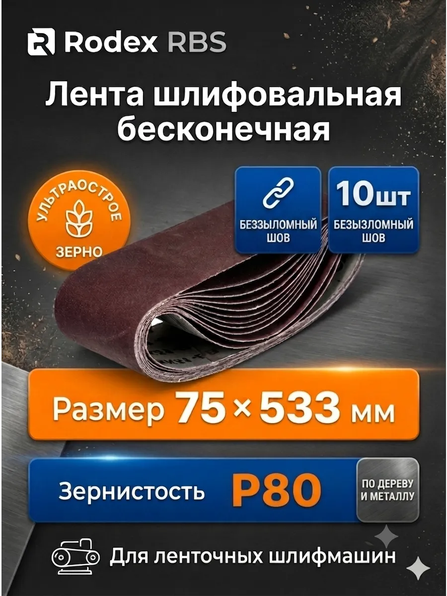Лента шлифовальная 75х533 Р80 бесконечная для ЛШМ