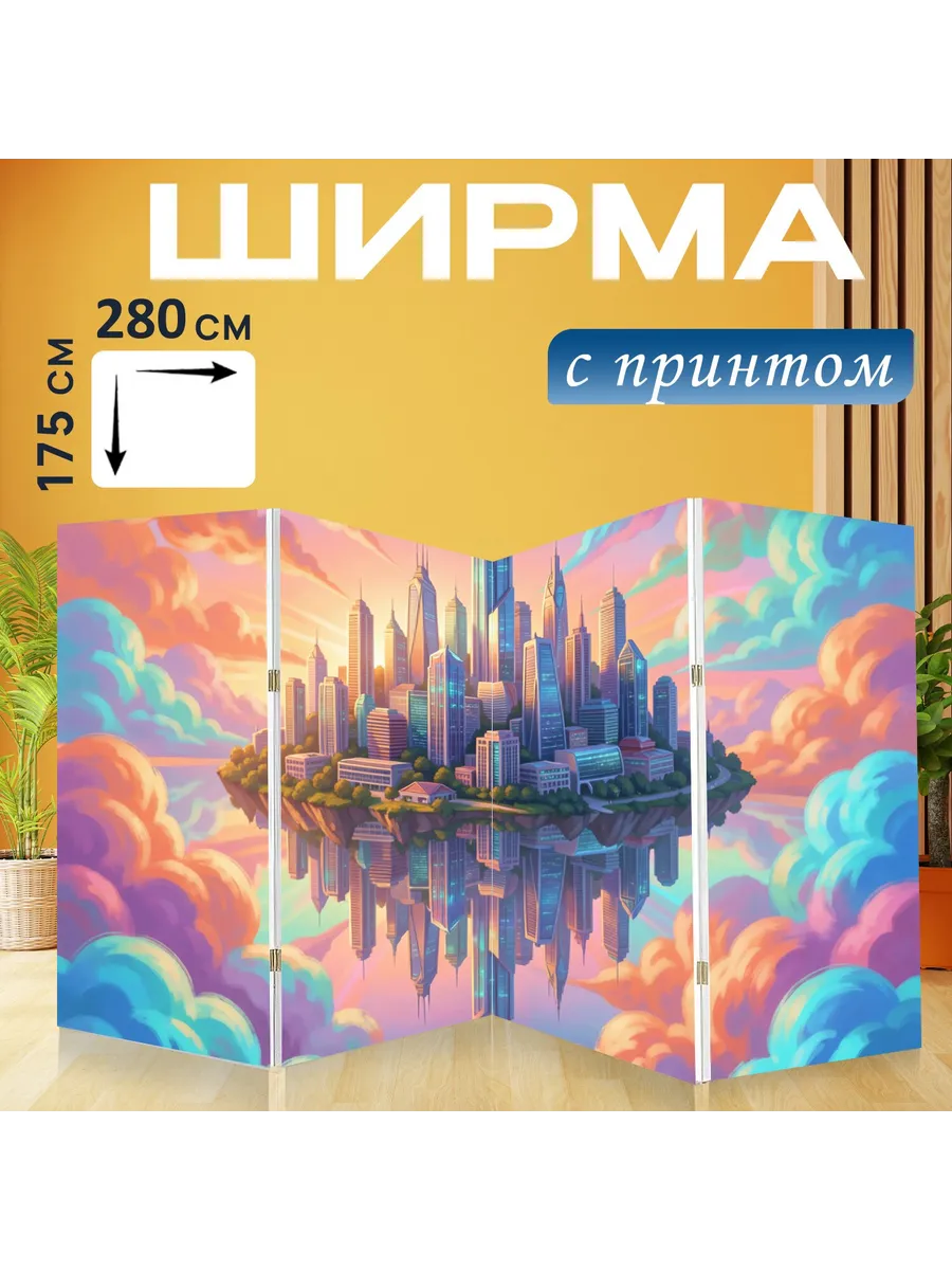 Ширма "Парящий футуристический город в..." 280x175см.