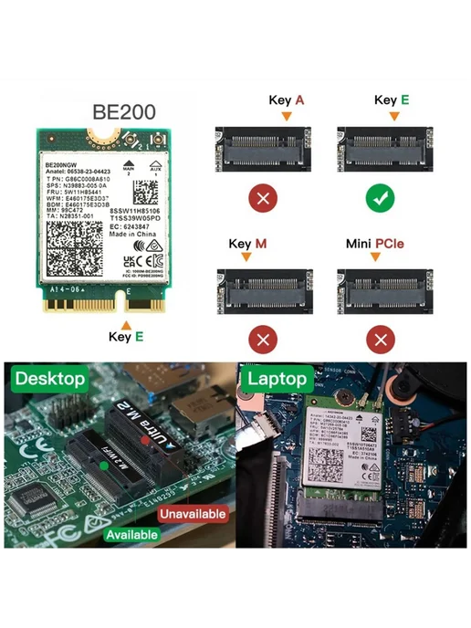 Сетевой адаптер Intel BE200 WiFi 7 M.2, 2.4 5 6 ГГц, Bluetoo…, вариант, фото 2