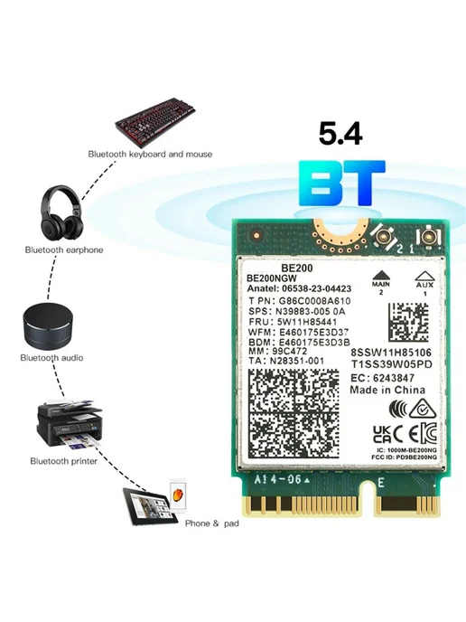 Сетевой адаптер Intel BE200 WiFi 7 M.2, 2.4 5 6 ГГц, Bluetoo…, вариант, фото 5