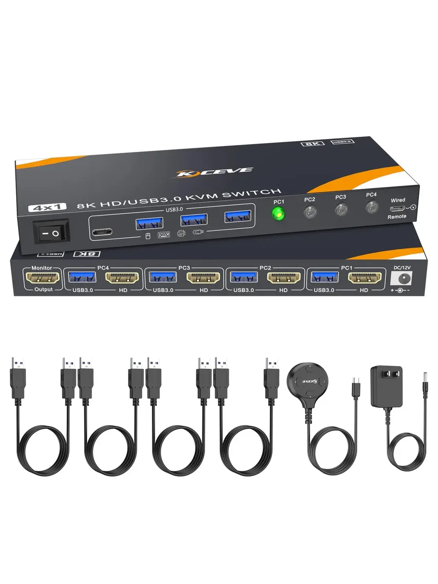 KCEVE KVM Switch 4 Computer 4K@60Hz Win/Linux/Mac with Remote Control