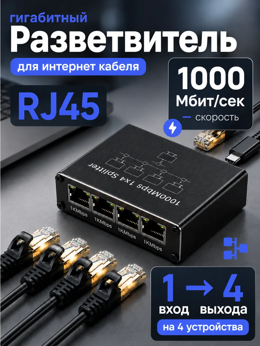 Гигабитный разветвитель RJ45 1x4 1000 Мбит/с