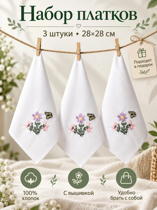 Pastel_lux Набор платков 28х28 см 3 штуки белые с вышивкой, 28x28 см