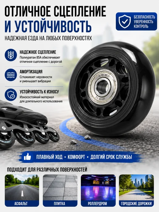 DenStore Колесо для роликов 64 мм с подшипниками, черный, фото 5