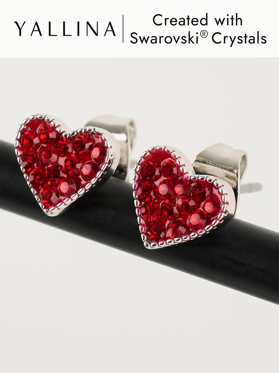 Позолоченные серьги-сердечки Клевер с кристаллами Swarovski YALLINA. Цвет красный, рубиновый, вишневый, ярко-красный, серебристо-красный.
