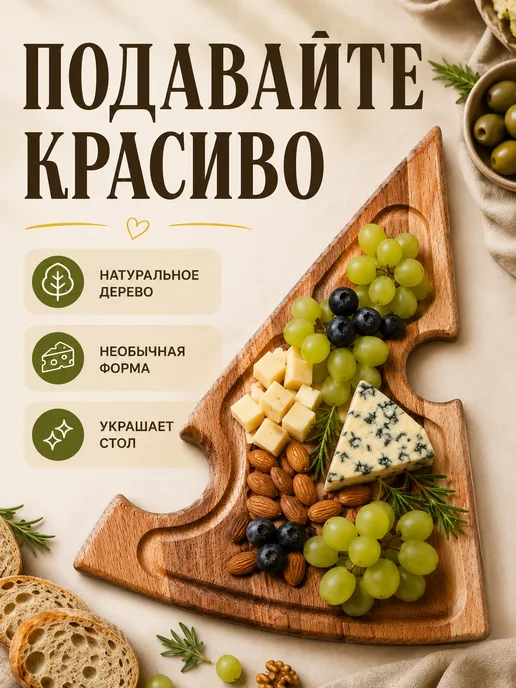 менажница деревянная в форме сыра для сервировки закусок, бежевый, фото 4