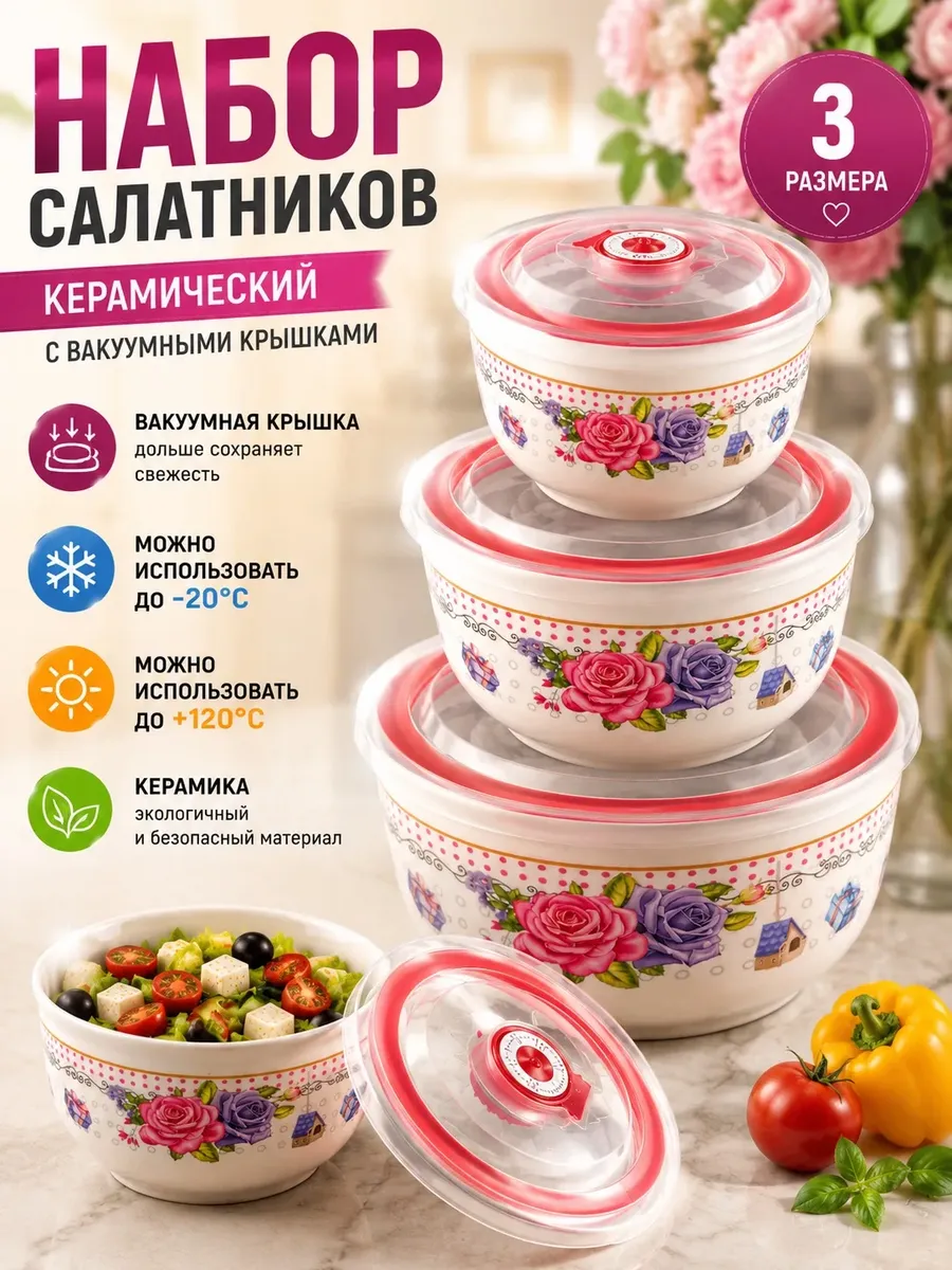 Набор керамических салатников с вакуумным крышками 3 в 1