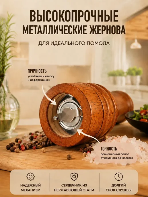 Мельница для специй набор 2 в 1 деревянная, коричневый, фото 3