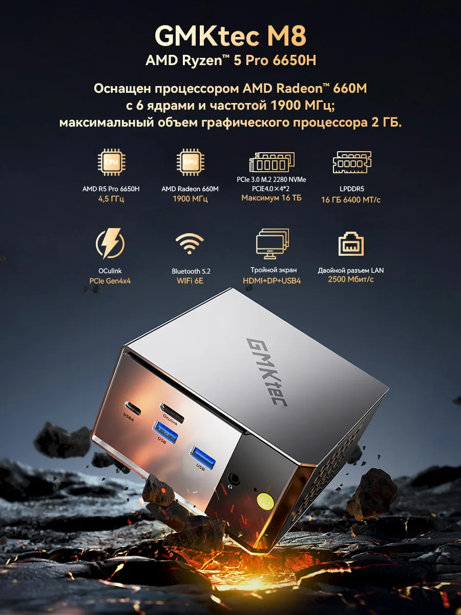 Мини ПК M8 Ryzen 5 Pro 6650H 16 ГБ ОЗУ и 512 ГБ SSD Windows 11 Pro