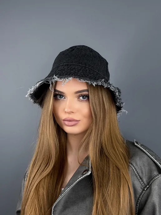 Панама джинсовая рваная, черный