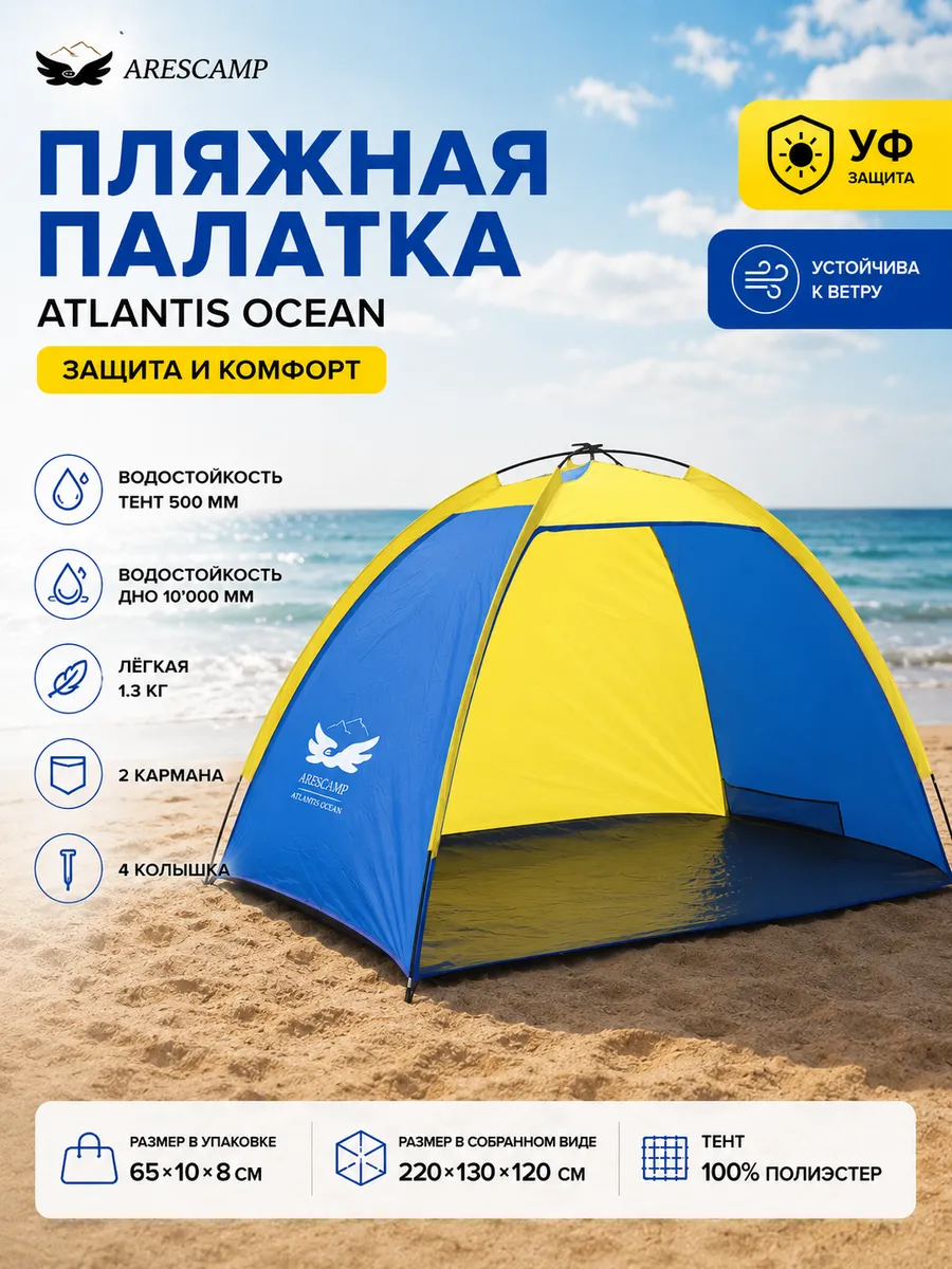 Палатка пляжная ATLANTIS OCEAN от солнца и ветра желтая