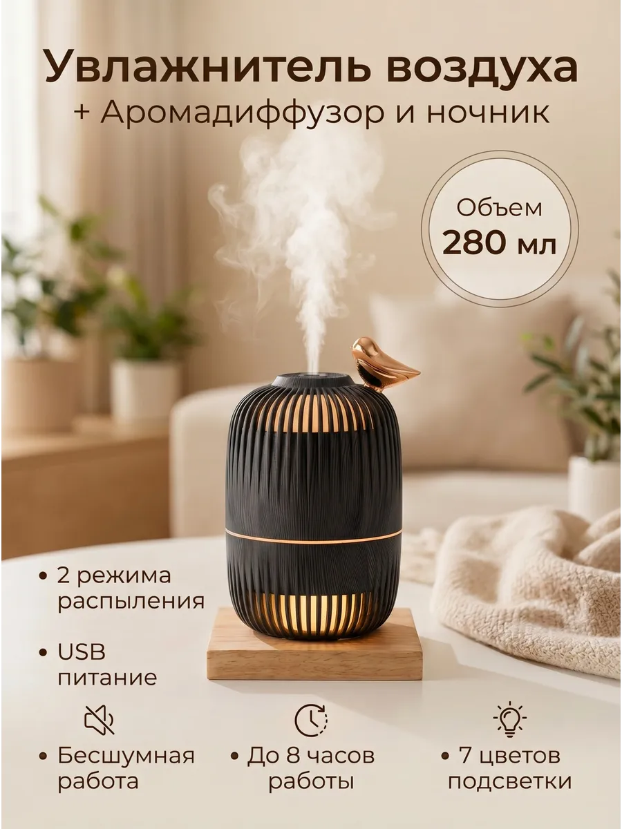 Увлажнитель воздуха мини бесшумный с подсветкой черный