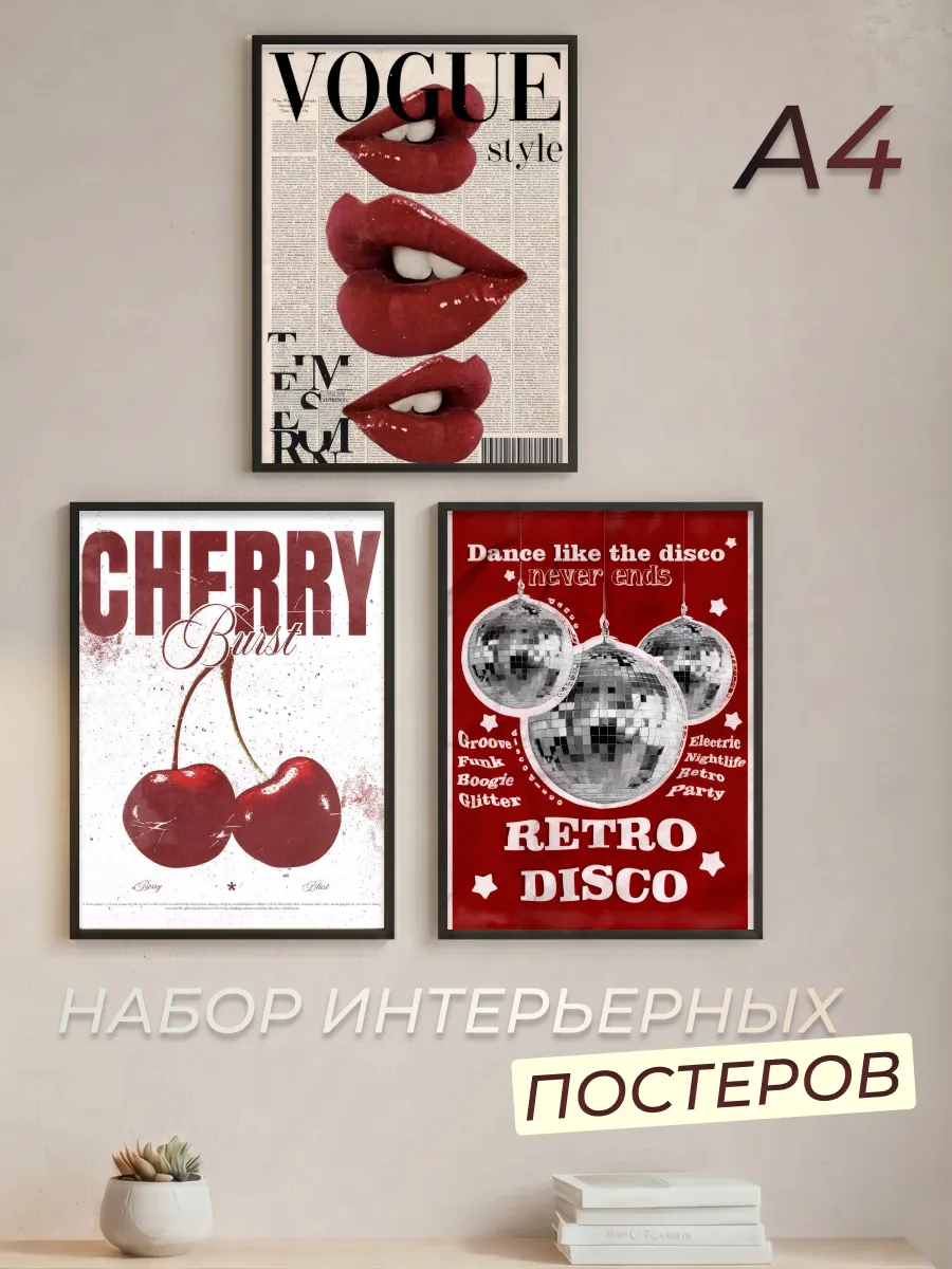 Набор постеров "Интерьерные, эстетика вишневого A4"