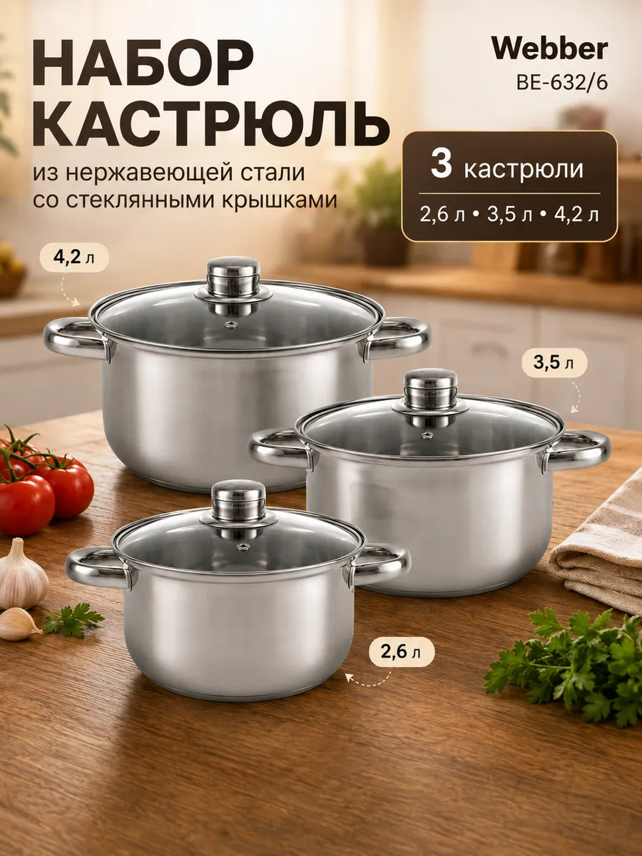 Кастрюли из нержавеющей стали 2,6л, 3,5л, 4,2л BE-632/6