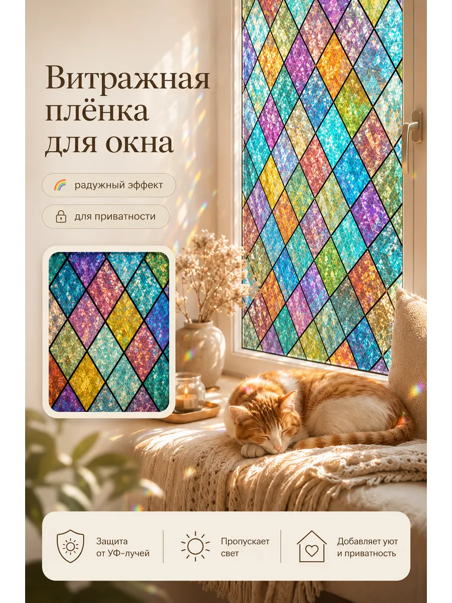 Пленка на окно витражная самоклеящаяся цветная 40*100cm