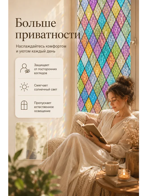 Пленка на окно статическая Зеленые листья 40×100 см, витражная самоклеящаяся цветная 40, фото 5
