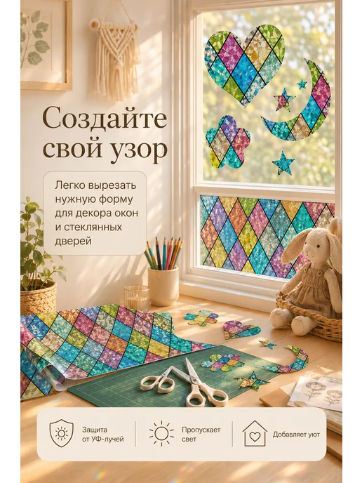 Пленка на окно статическая Зеленые листья 40×100 см, витражная самоклеящаяся цветная 40, фото 7