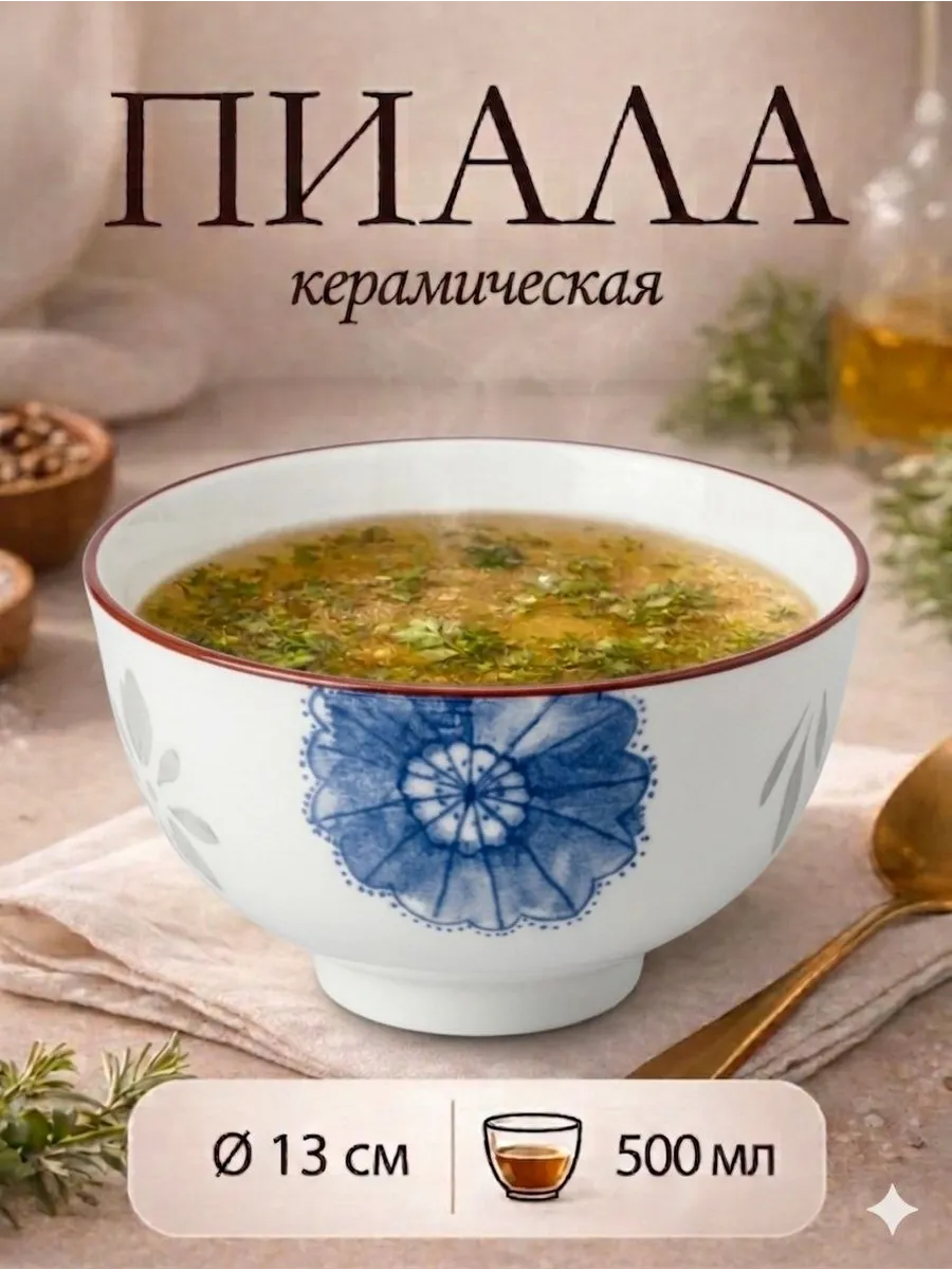 Керамическая пиала с синим цветочным узором 500 мл