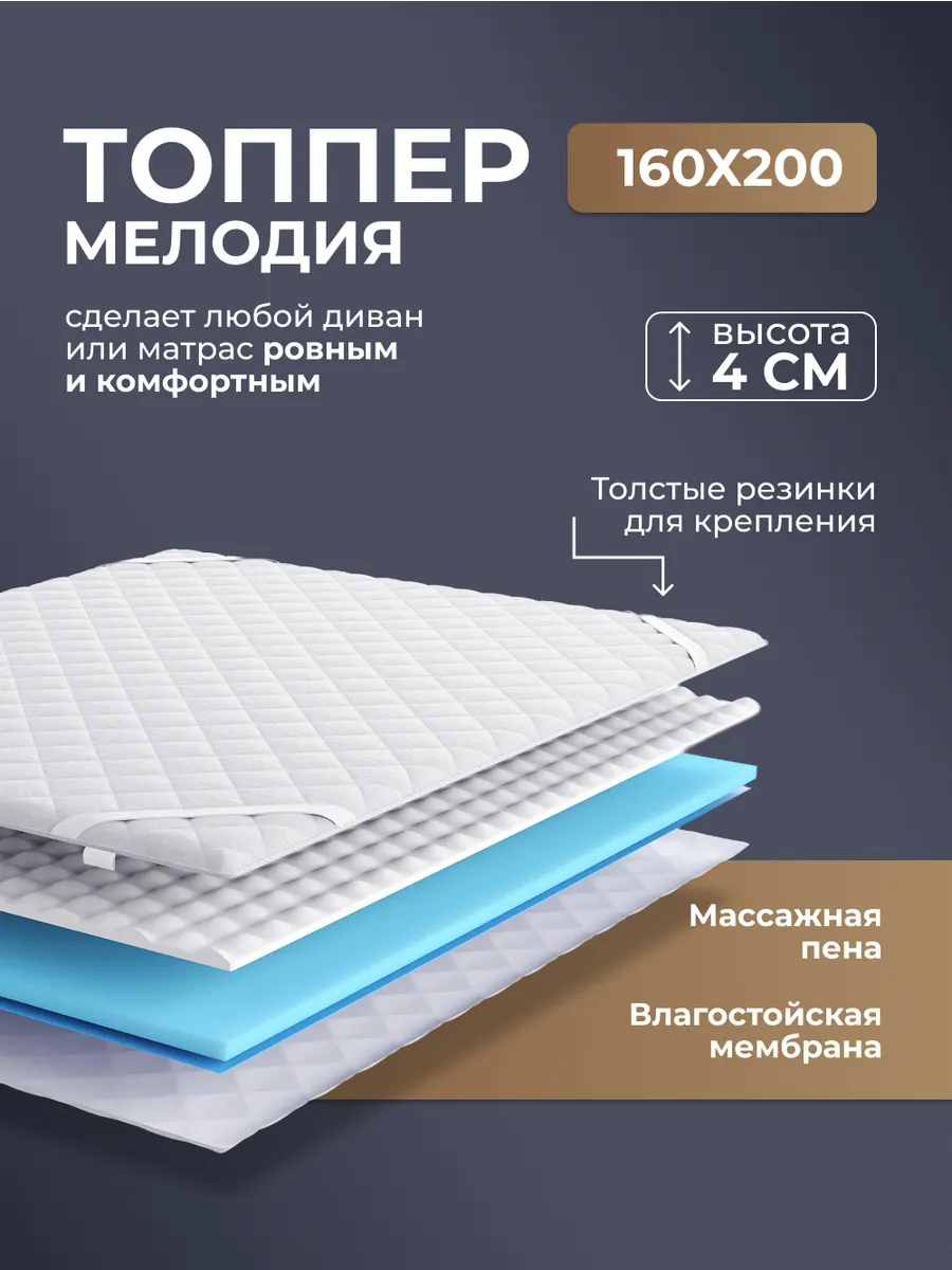 Толстый наматрасник-топпер Мелодия 160х200 см, толщина 4 см
