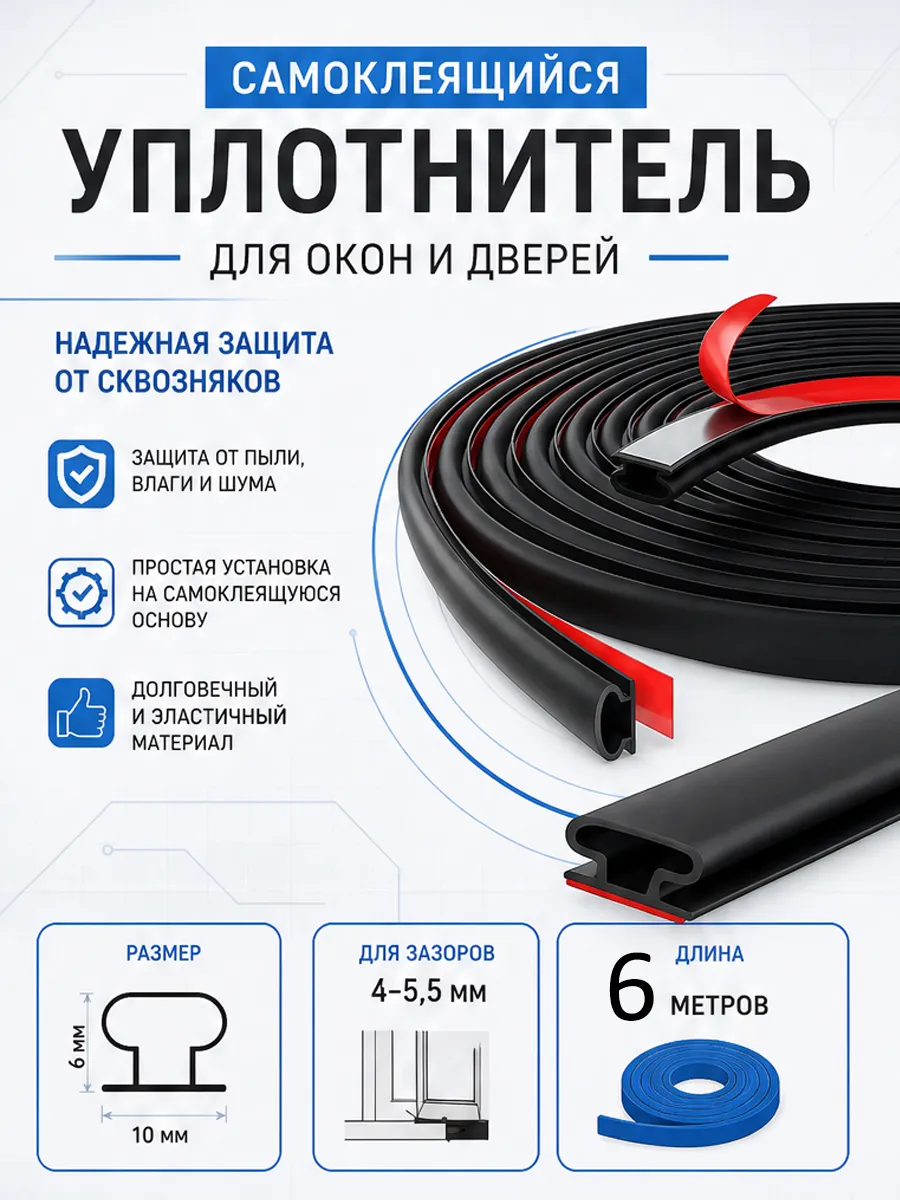Самоклеящийся уплотнитель утеплитель для дверей и окон 10*6