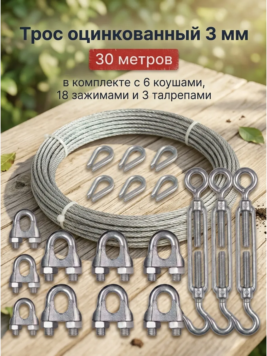 Трос 3 мм, 30 метров с талрепами, коушами и зажимами