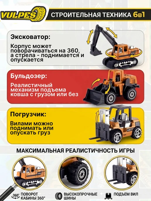 Vulpes Набор машинок строительная техника для мальчика 6шт +коврик, 6 шт, фото 3