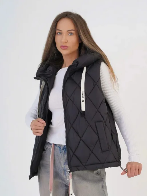 Shopken Жилетка женская утепленная с капюшоном стеганая, черный