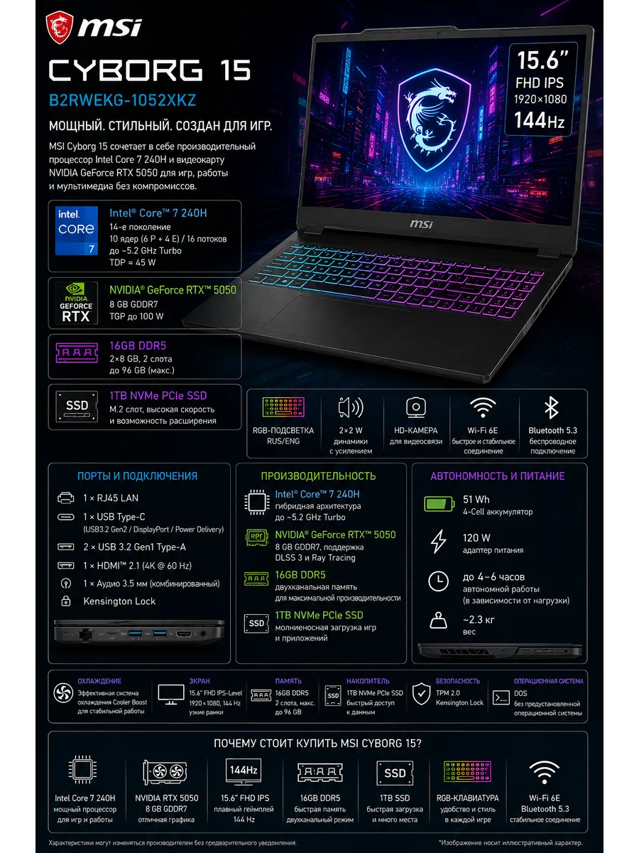 MSI Cyborg 15 B2RWEKG-1052XKZ 15,6" FHD 144Hz Core 7 240H 16GB 1…