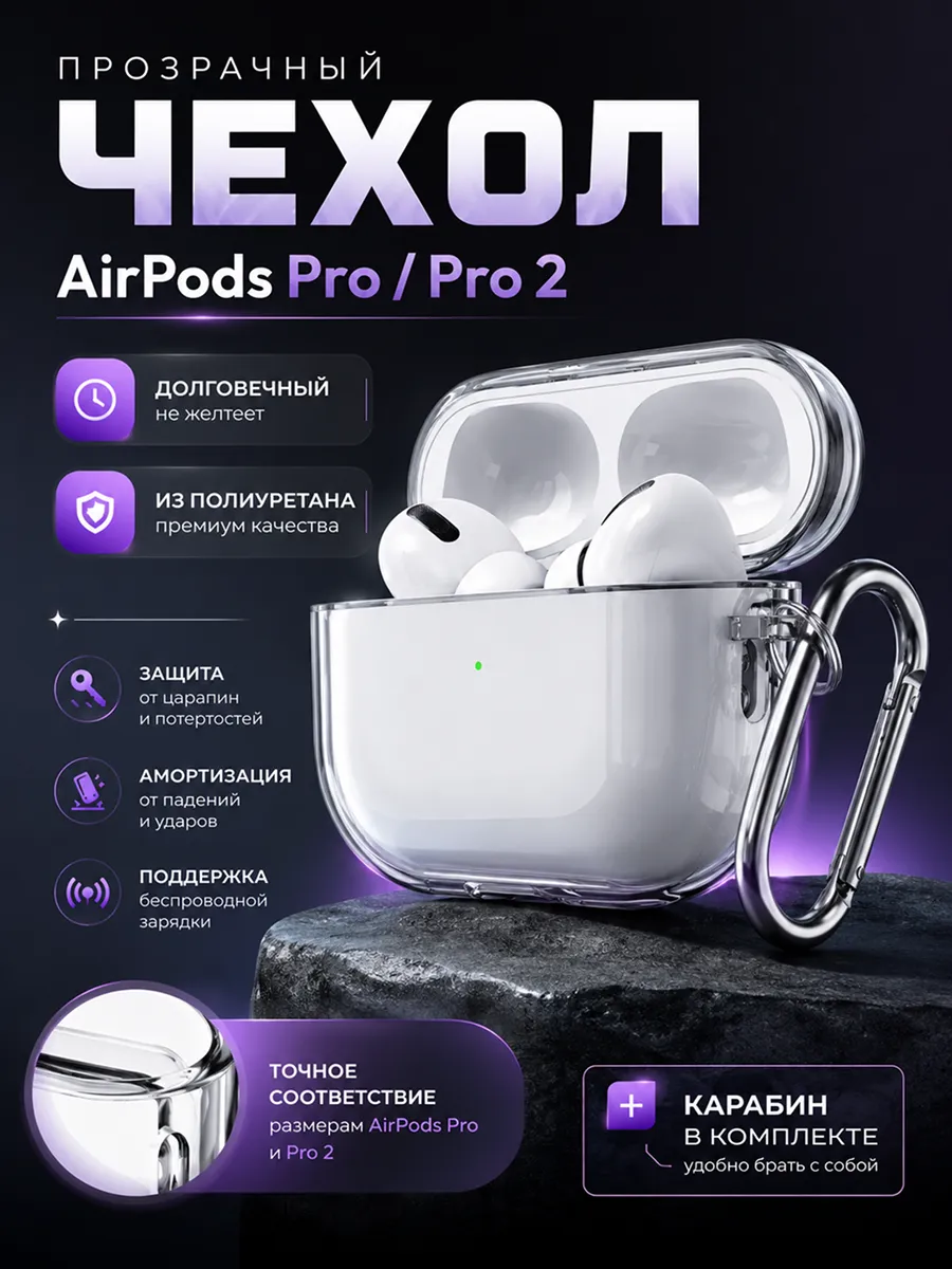 Чехол для Airpods Pro 2 с карабином, прозрачный