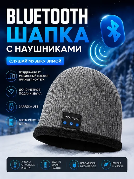МИС1987 серая шапка со встроенными наушниками для бега, серый