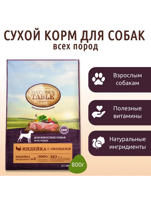 Сухой корм NATURE'S TABLE для собак, индейка, 0,8 кг