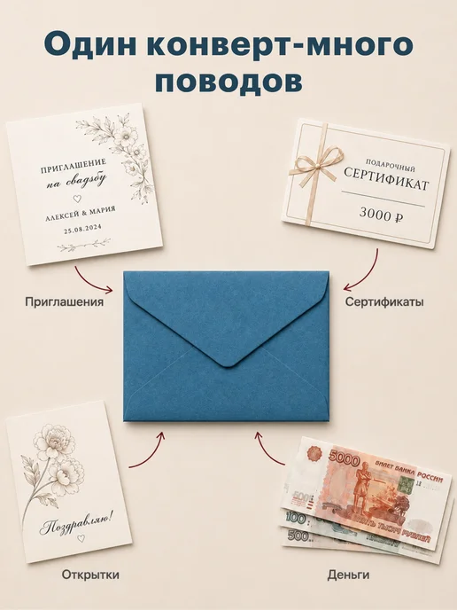 MASJOY Конверты C6 дизайнерские синие 114х162 мм, 10шт, 114x162 мм, 10 шт, фото 2