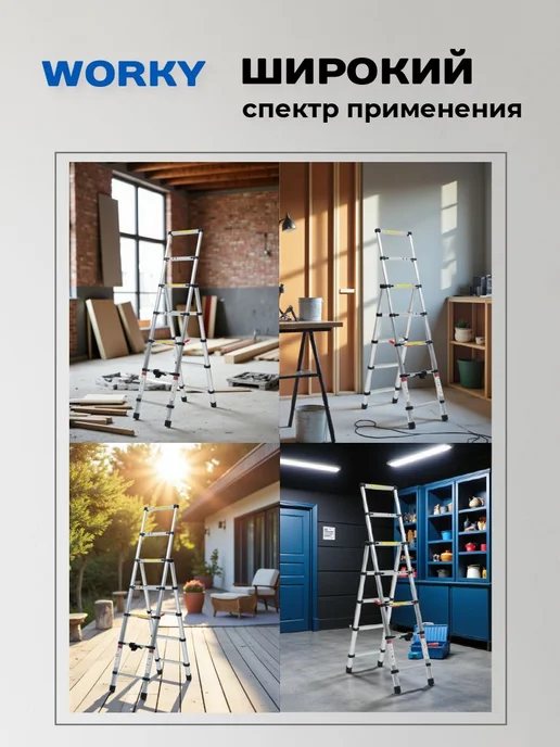 WORKY Лестница телескопическая 7+5 ступеней 2,0м + 1,4м, 2 м, 1,4 м, фото 7