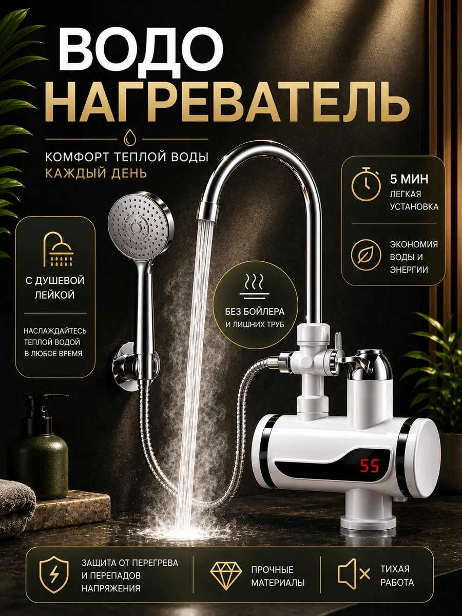 Водонагреватель проточный с душем для кухни электрический