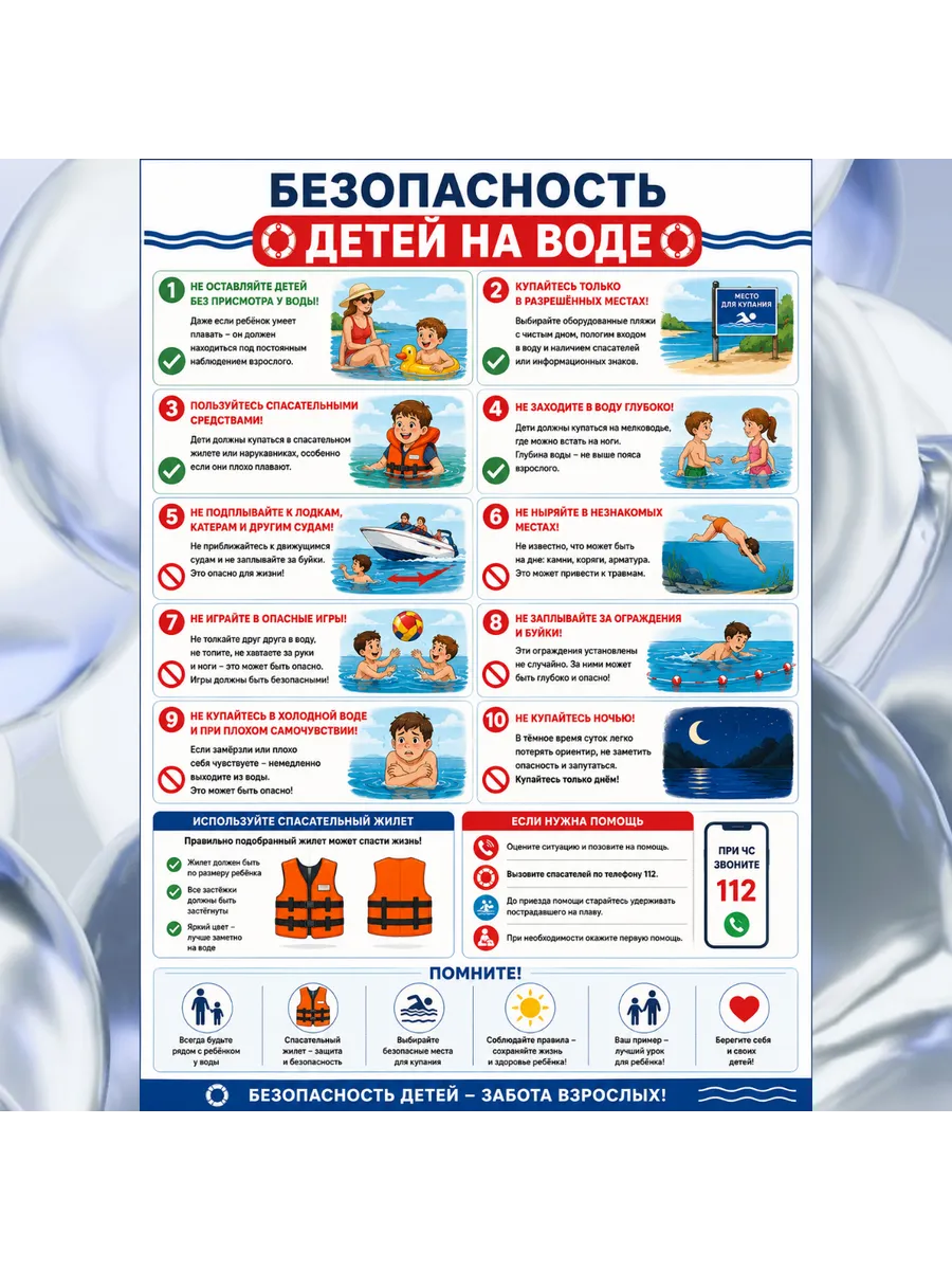 Плакат «Безопасность детей на воде» А3 самоклеящийся