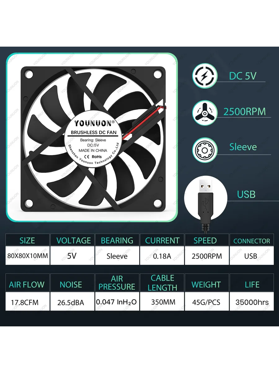 YOUNUON 80x80x10мм, 5V USB, 2500RPM, Sleeve