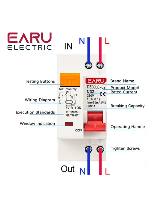 EARU Автоматический выключатель остаточного тока EARUELECTRIC 40А, 40А, фото 3