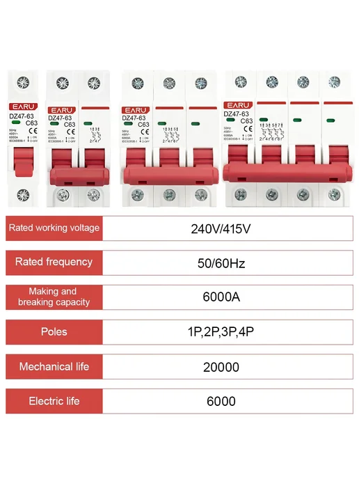EARU Автоматический выключатель EARUELECTRIC DZ47-63, 16А, 3 полю, 2P 40A EARUELECTRIC, фото 3