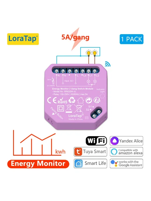LoraTap Умный выключатель 2gang Wi-Fi, Power Monitor 1pc, вариант