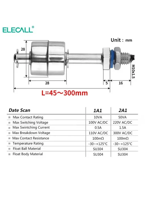 Датчик уровня воды ELECALL ES6010 2A1, 60 мм, ES6010 60 мм, фото 3
