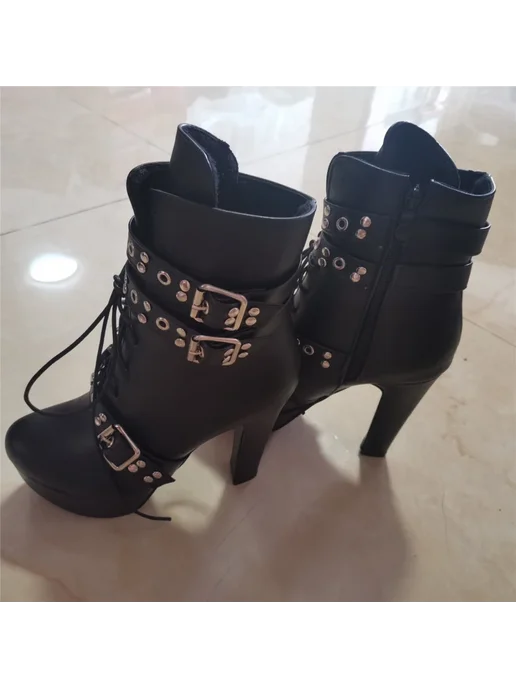Нет бренда Женские ботильоны на платформе с высоким каблуком, на шнуров, черный, фото 3