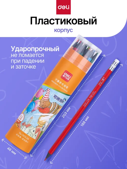 DELI Стираемые карандаши цветные для рисования 24 цвета, 24 цв., фото 4