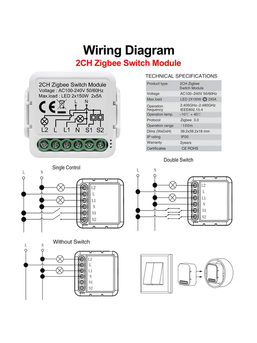 GIRIER 2CH ZigBee Switch Module, черный, черный, фото 5