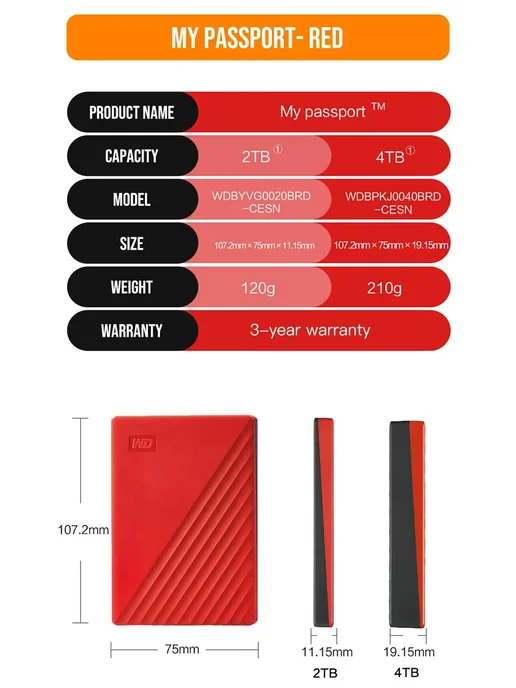 WD My Passport 5TB, красный, 5 ТБ, фото 5