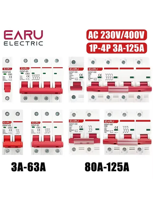 EARU Автоматический выключатель DZ47 тип C 3P 3А, тип 3P 3А